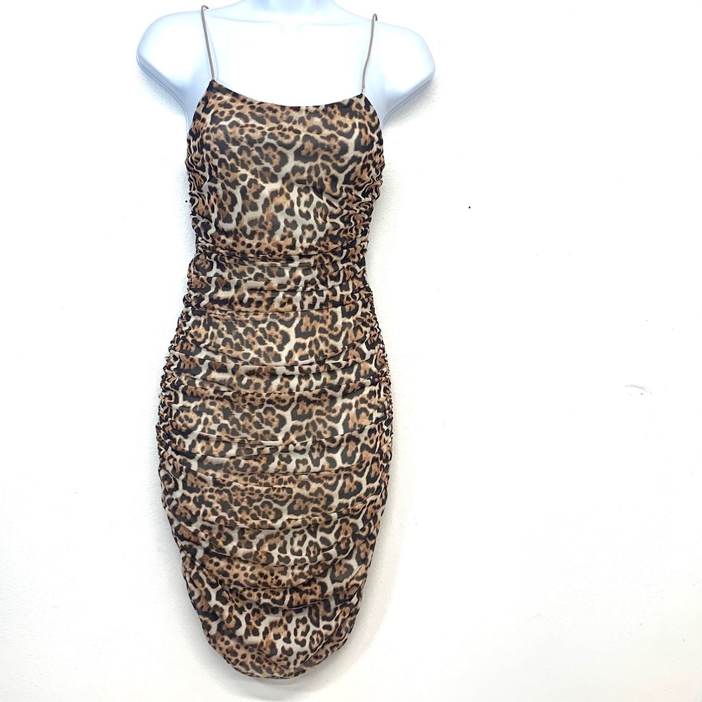 Almost Famous Leopard Print Ruched Bodycon Mini Dress Strappy Back‎ Brown Medium